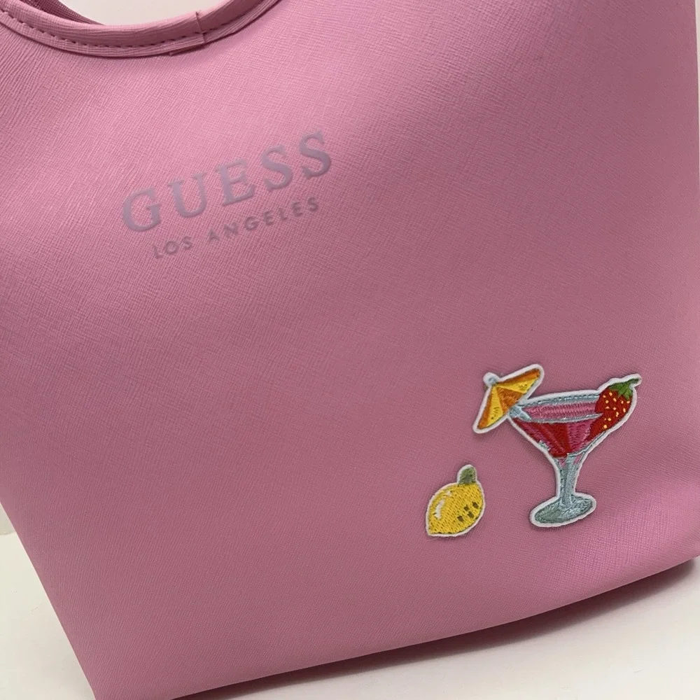 GUESS Insulated Lunch Tote Bag Top Handle Pink PVC Cooler School Travel Office